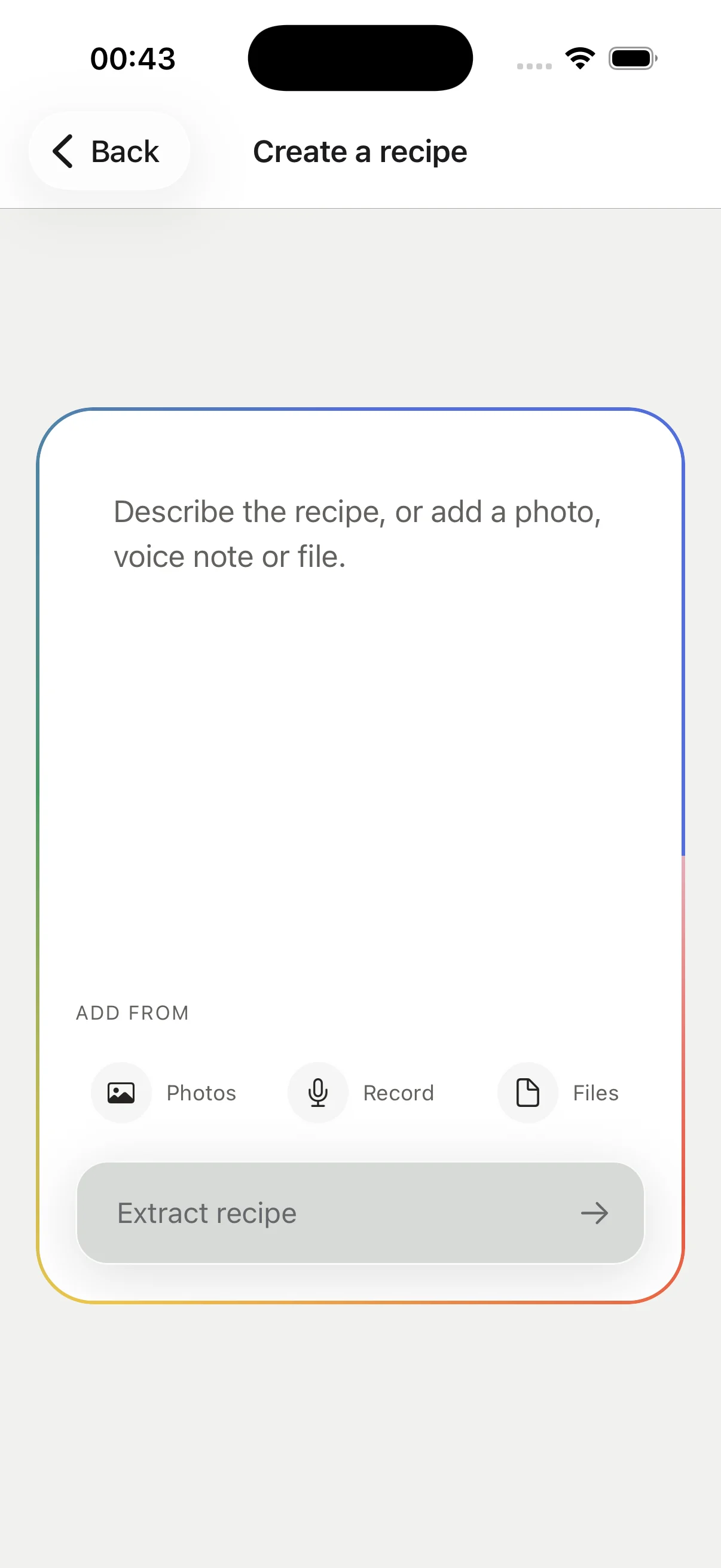 Empty Akeita capture view with text, photo, recording and file inputs