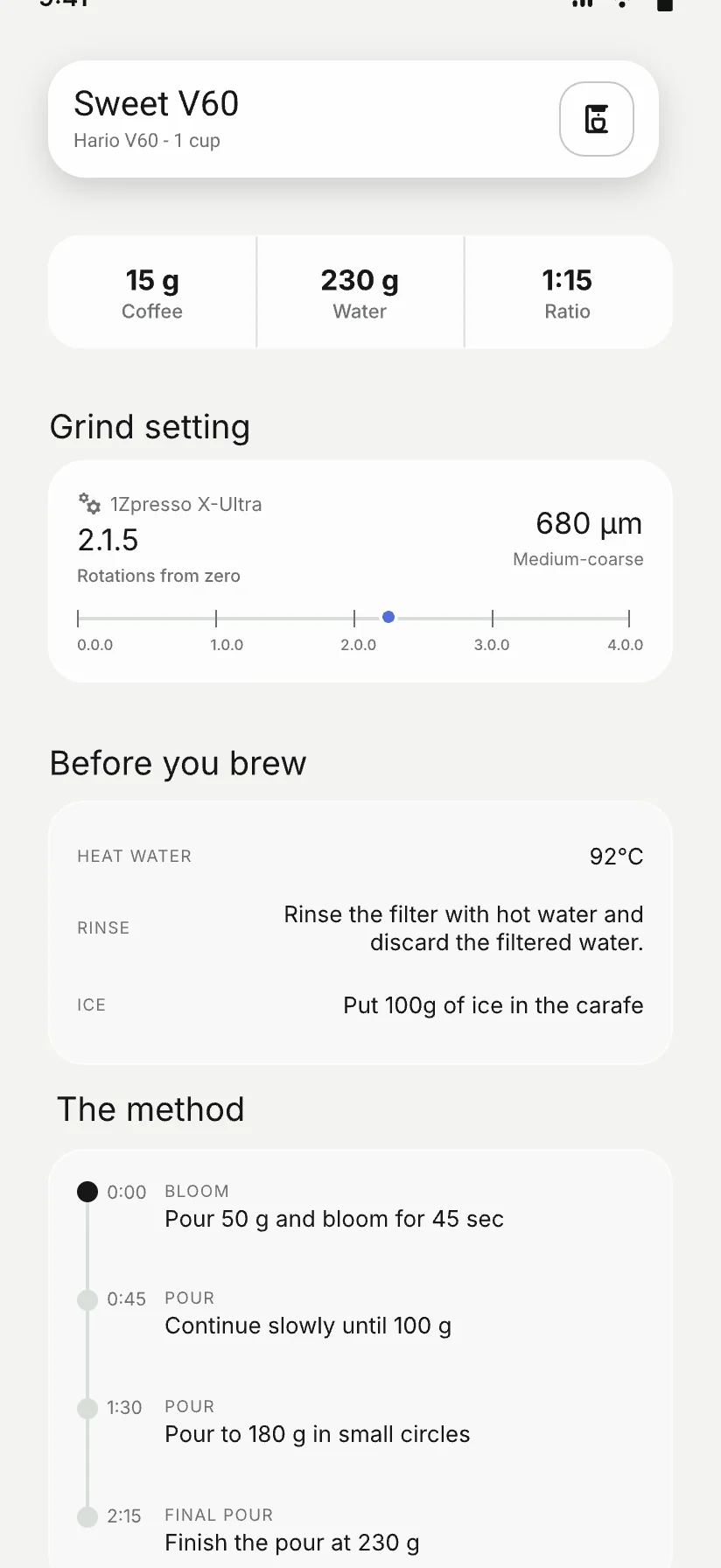 Sweet V60 recipe details in Akeita, including dose, water, grind setting and brewing method